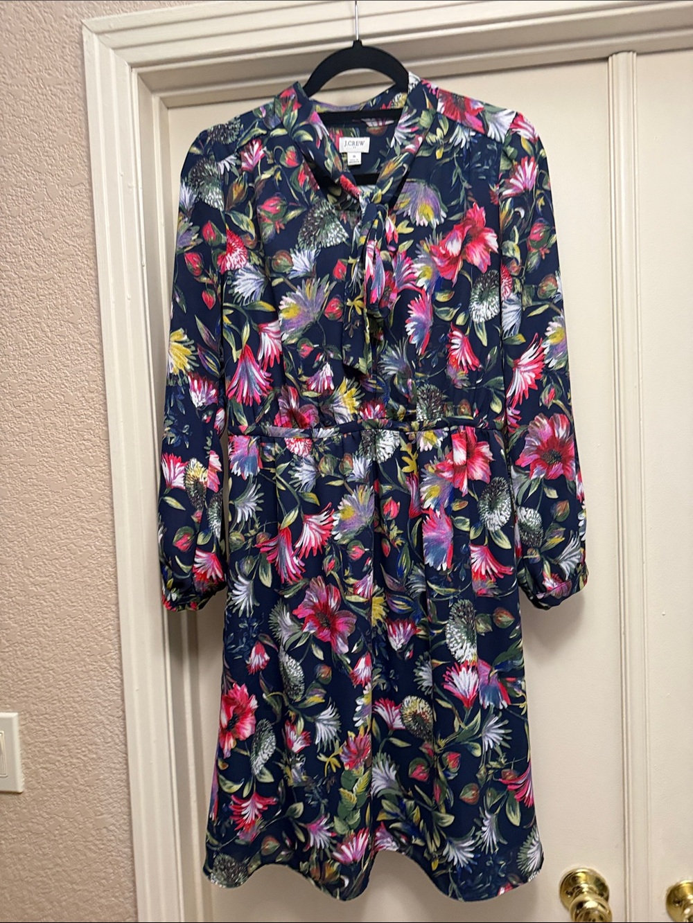 J. Crew Navy Floral Tie-Detail Long Sleeve Dress